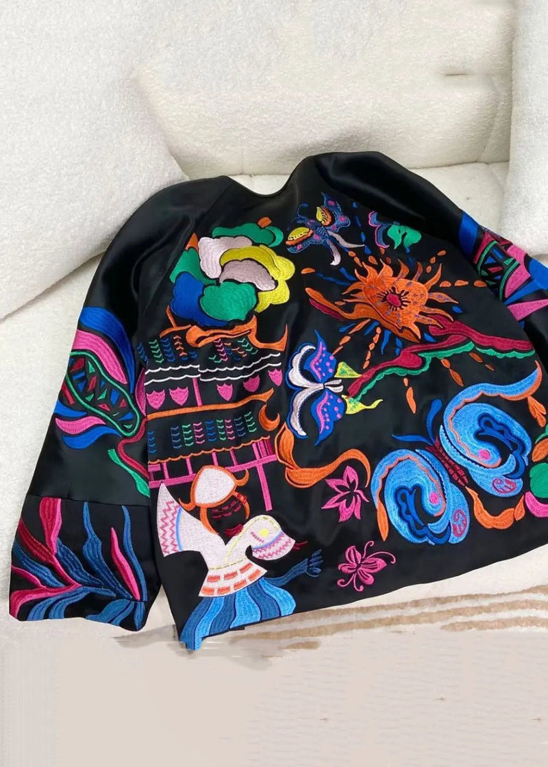 Chinese Style Black Embroidered Button Silk Coats Spring Cg1023