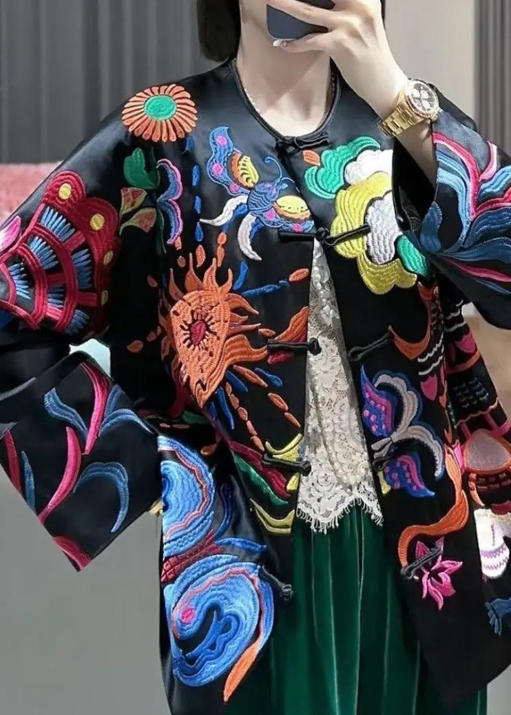 Chinese Style Black Embroidered Button Silk Coats Spring Cg1023