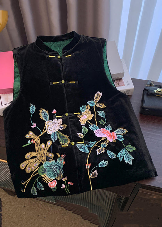 Chinese Style Black Embroidered Button Silk Velour Waistcoat Sleeveless Qo064