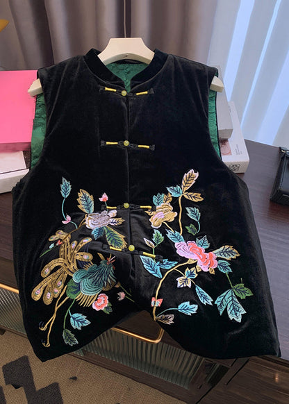 Chinese Style Black Embroidered Button Silk Velour Waistcoat Sleeveless Qo064