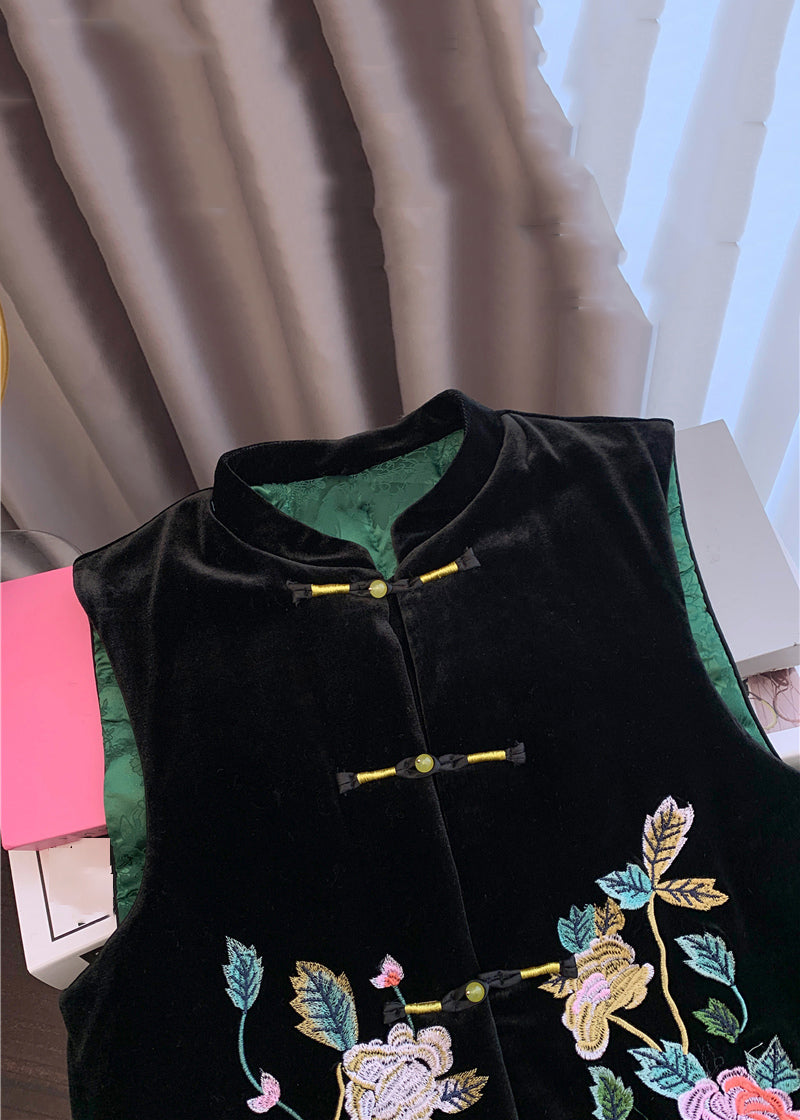 Chinese Style Black Embroidered Button Silk Velour Waistcoat Sleeveless Qo064