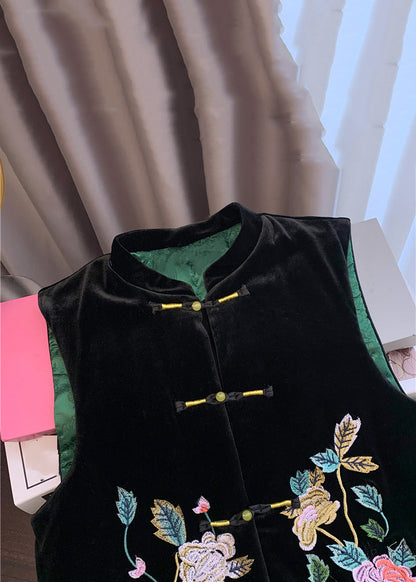 Chinese Style Black Embroidered Button Silk Velour Waistcoat Sleeveless Qo064