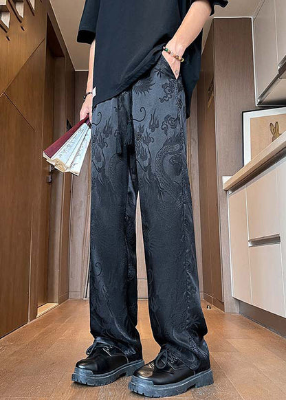 Chinese Style Black Pockets Jacquard Ice Silk Pants Summer Yt052