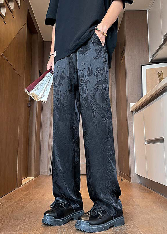 Chinese Style Black Pockets Jacquard Ice Silk Pants Summer Yt052
