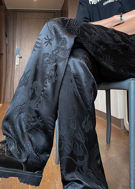 Chinese Style Black Pockets Jacquard Ice Silk Pants Summer Yt052