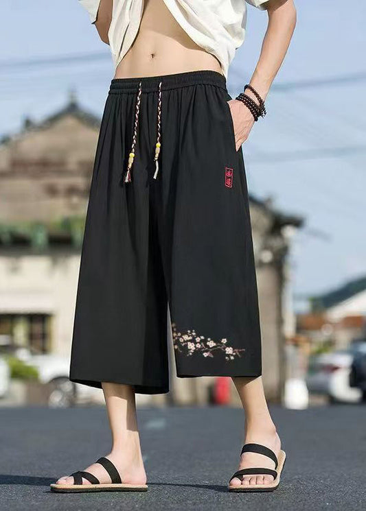 Chinese Style Black Pockets Print Elastic Waist Crop Pants Summer Sa051