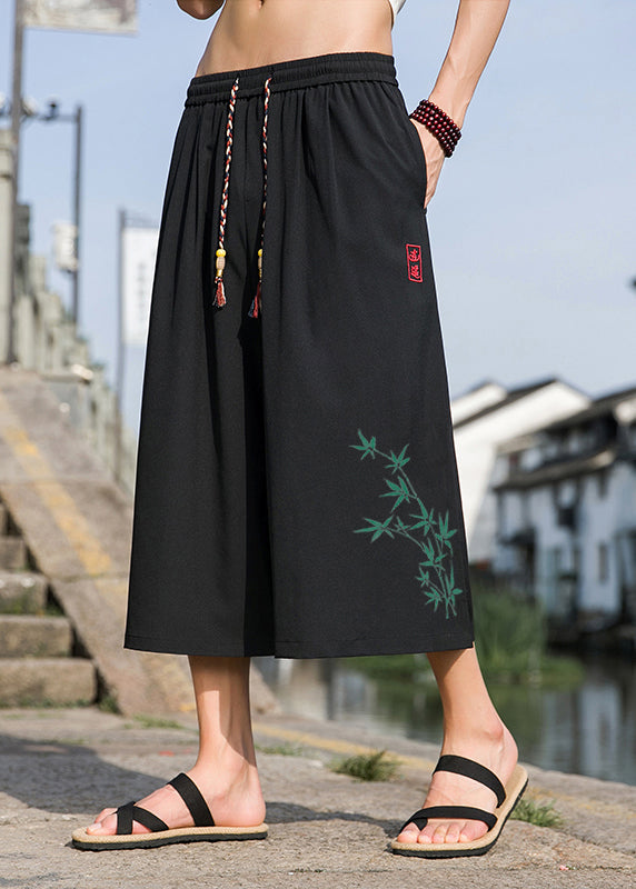 Chinese Style Black Pockets Print Elastic Waist Crop Pants Summer Sa051
