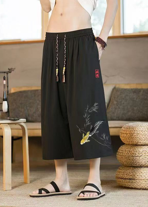 Chinese Style Black Pockets Print Elastic Waist Crop Pants Summer Sa051