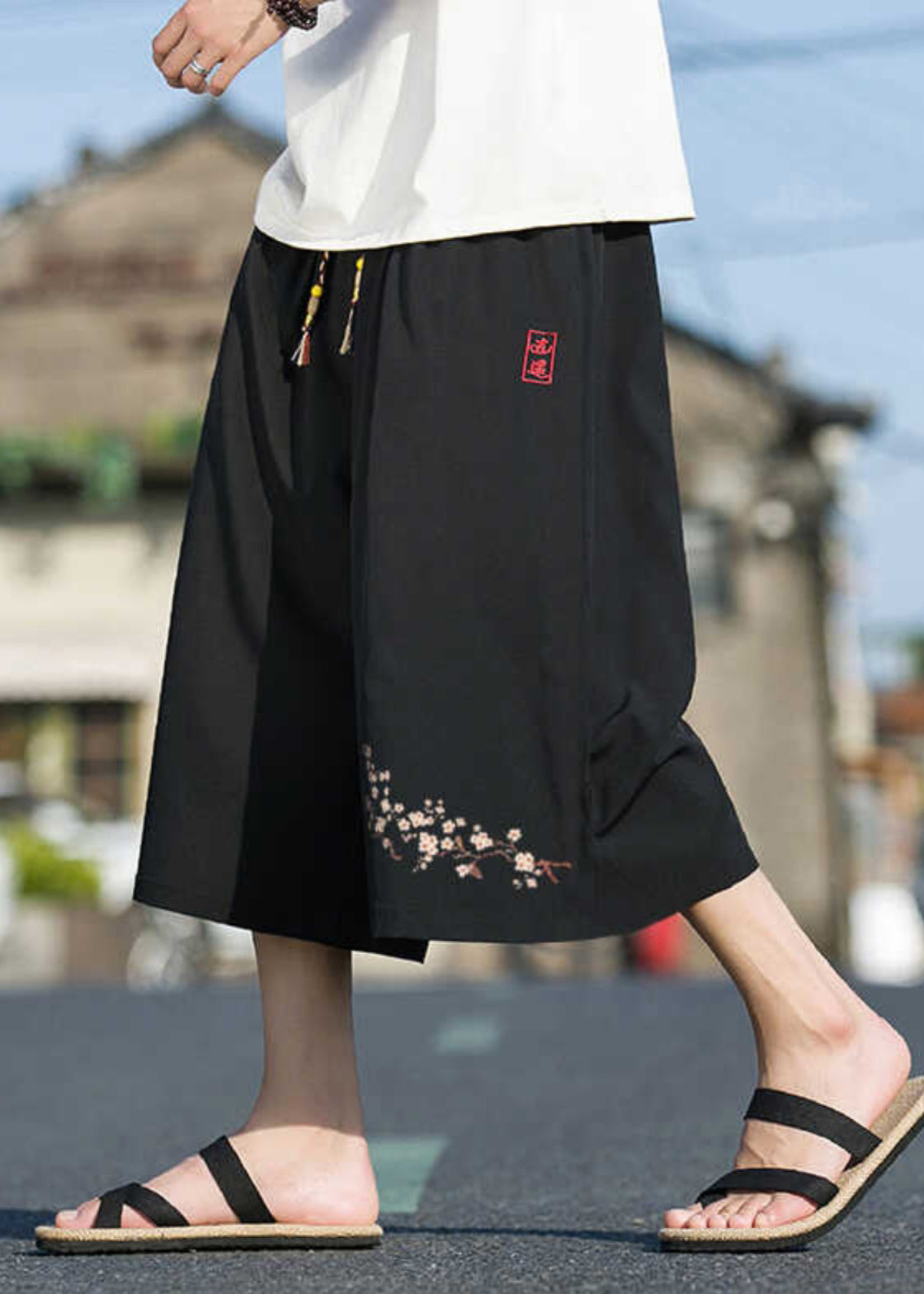 Chinese Style Black Pockets Print Elastic Waist Crop Pants Summer Sa051