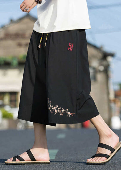 Chinese Style Black Pockets Print Elastic Waist Crop Pants Summer Sa051