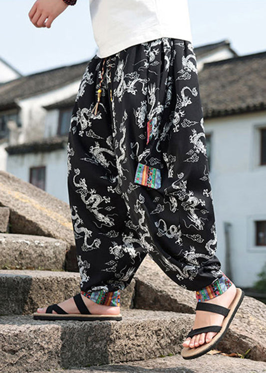 Chinese Style Black Print Ice Silk Loose Lantern Pants Summer Yt059