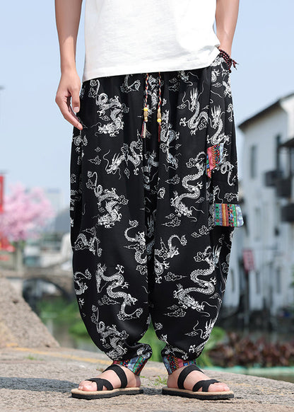 Chinese Style Black Print Ice Silk Loose Lantern Pants Summer Yt059