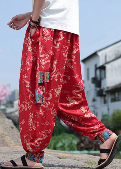 Chinese Style Black Print Ice Silk Loose Lantern Pants Summer Yt059