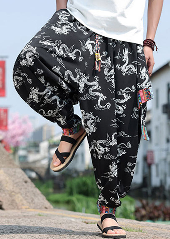 Chinese Style Black Print Ice Silk Loose Lantern Pants Summer Yt059