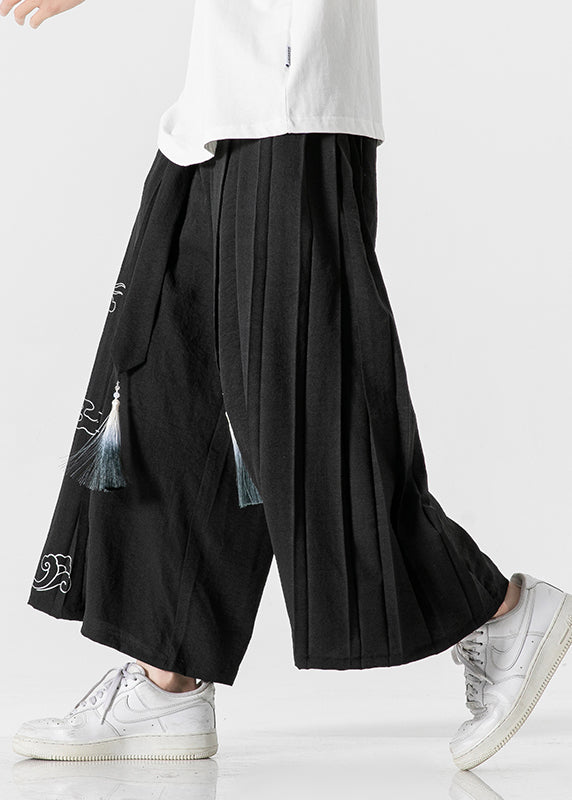 Chinese Style Black Ribbon Print Wrinkled Linen Wide Leg Pants Summer Sa048