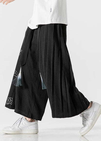 Chinese Style Black Ribbon Print Wrinkled Linen Wide Leg Pants Summer Sa048