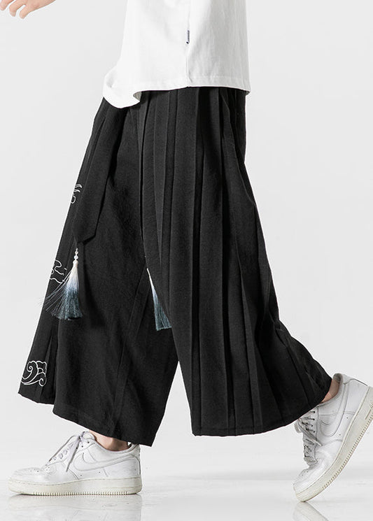 Chinese Style Black Ribbon Print Wrinkled Linen Wide Leg Pants Summer Sa048
