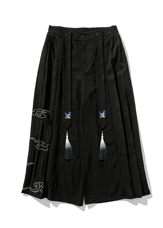 Chinese Style Black Ribbon Print Wrinkled Linen Wide Leg Pants Summer Sa048