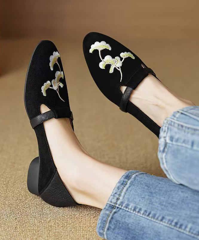 Chinese Style Black Suede Embroidered Chunky Loafer Shoes Yc029