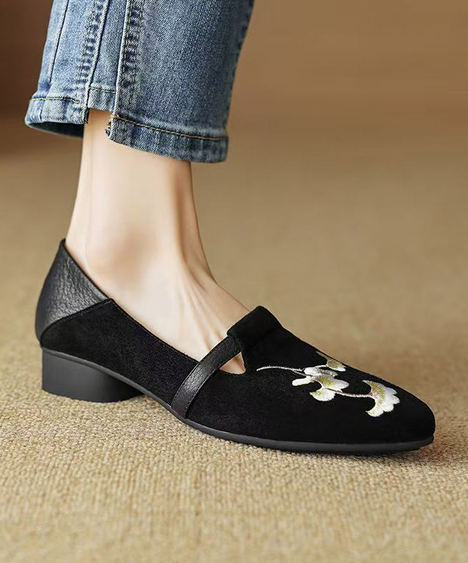 Chinese Style Black Suede Embroidered Chunky Loafer Shoes Yc029