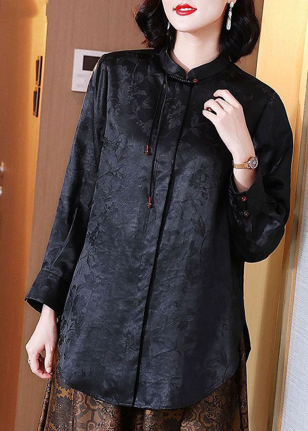 Chinese Style Black Tasseled Jacquard Patchwork Silk Blouses Long Sleeve Ti1052