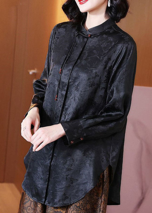 Chinese Style Black Tasseled Jacquard Patchwork Silk Blouses Long Sleeve Ti1052