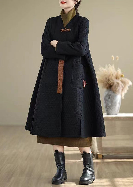 Chinese Style Black V Neck Pockets Fine Cotton Filled Winter Coats Ru018