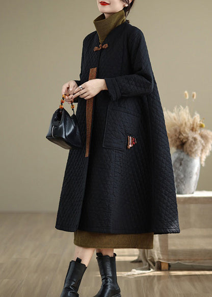 Chinese Style Black V Neck Pockets Fine Cotton Filled Winter Coats Ru018
