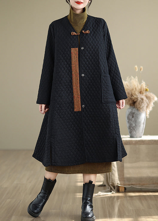 Chinese Style Black V Neck Pockets Fine Cotton Filled Winter Coats Ru018