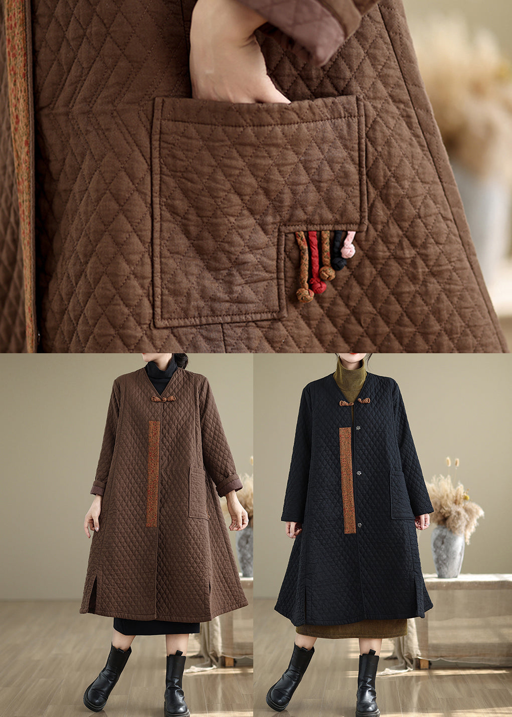 Coffee Pockets Fine Cotton Filled Retro Coats V Neck Winter Ru019
