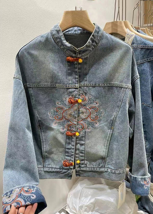 Chinese Style Blue Embroidered Button Denim Coat Spring Qa1061