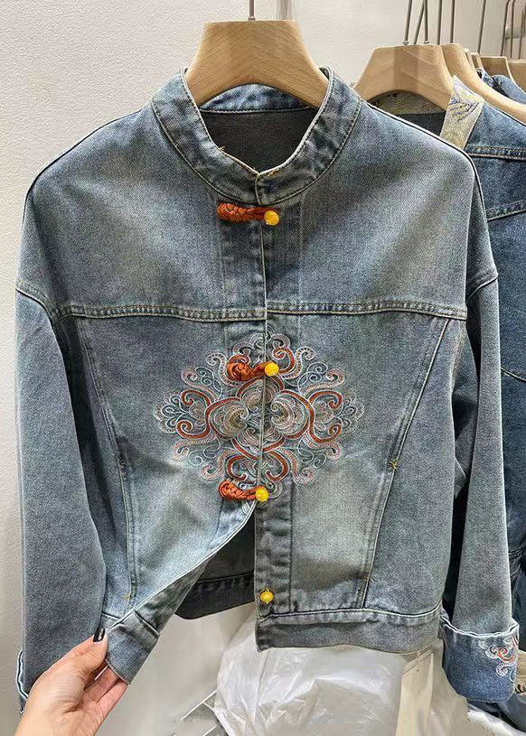 Chinese Style Blue Embroidered Button Denim Coat Spring Qa1061