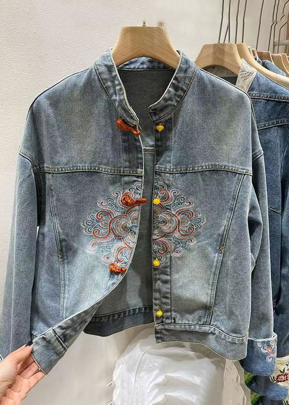 Chinese Style Blue Embroidered Button Denim Coat Spring Qa1061