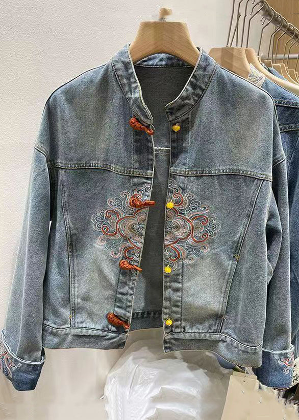 Chinese Style Blue Embroidered Button Denim Coat Spring Qa1061