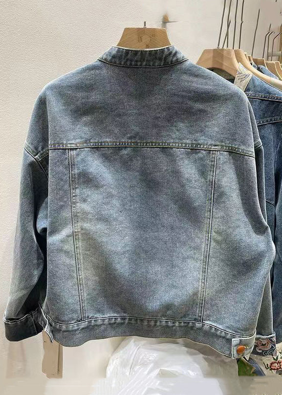Chinese Style Blue Embroidered Button Denim Coat Spring Qa1061