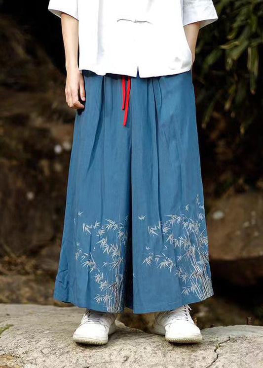 Chinese Style Blue Embroideried Pockets Cotton Wide Leg Pants Summer Sa032