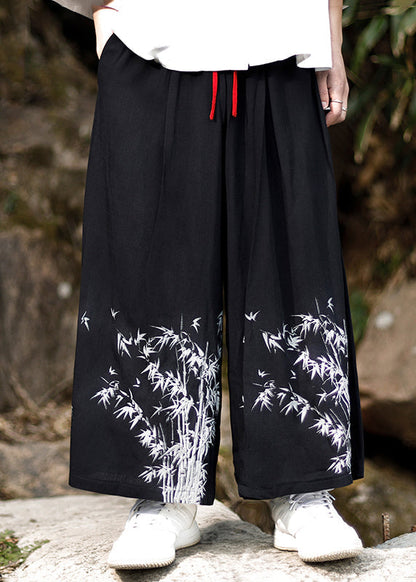 Chinese Style Blue Embroideried Pockets Cotton Wide Leg Pants Summer Sa032