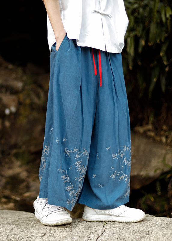 Chinese Style Blue Embroideried Pockets Cotton Wide Leg Pants Summer Sa032