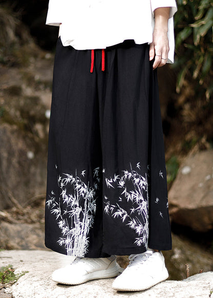 Chinese Style Blue Embroideried Pockets Cotton Wide Leg Pants Summer Sa032