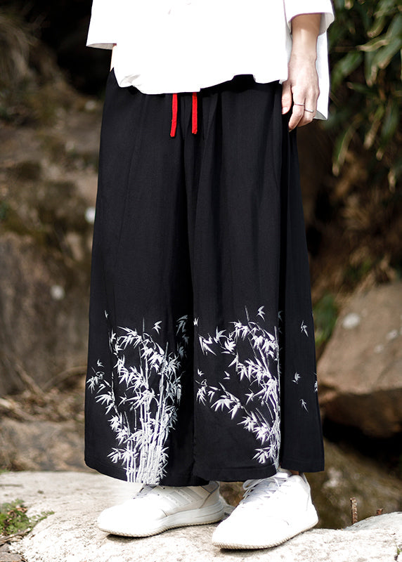Chinese Style Blue Embroideried Pockets Cotton Wide Leg Pants Summer Sa032
