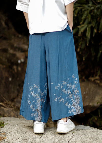 Chinese Style Blue Embroideried Pockets Cotton Wide Leg Pants Summer Sa032