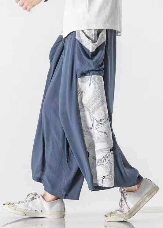 Chinese Style Blue Pockets Print Patchwork Cotton Pants Summer Sa036