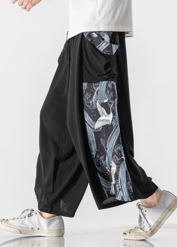 Chinese Style Blue Pockets Print Patchwork Cotton Pants Summer Sa036