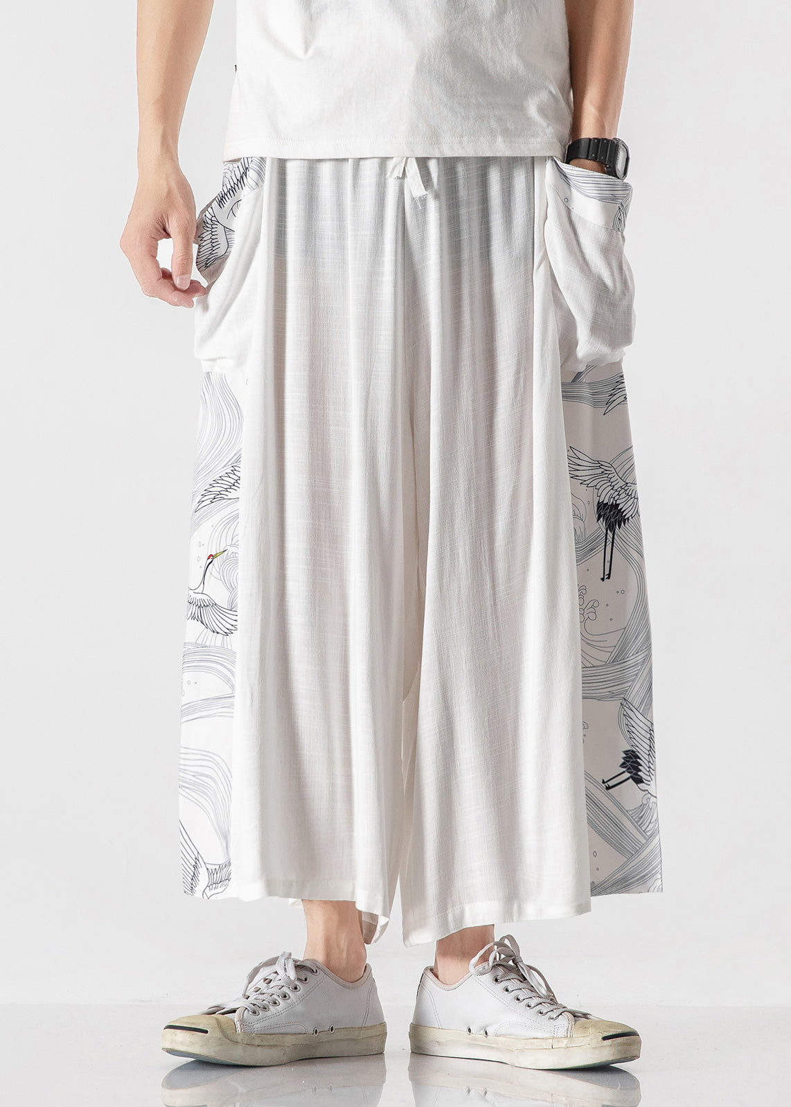 Chinese Style Blue Pockets Print Patchwork Cotton Pants Summer Sa036