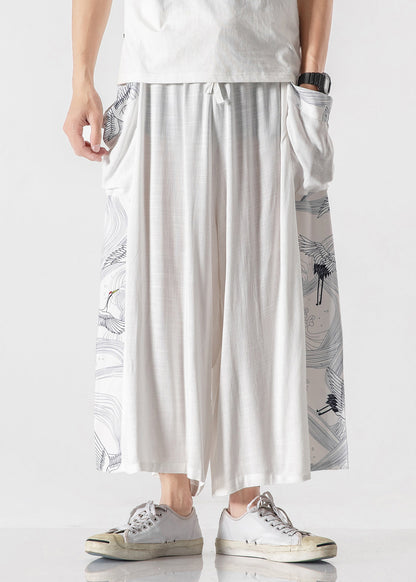 Chinese Style Blue Pockets Print Patchwork Cotton Pants Summer Sa036