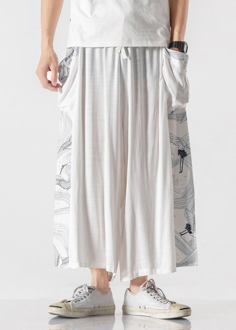 Chinese Style Blue Pockets Print Patchwork Cotton Pants Summer Sa036