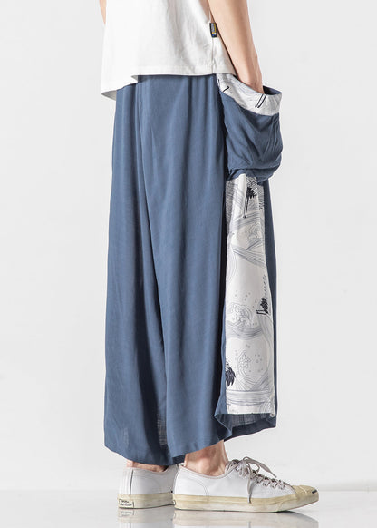Chinese Style Blue Pockets Print Patchwork Cotton Pants Summer Sa036