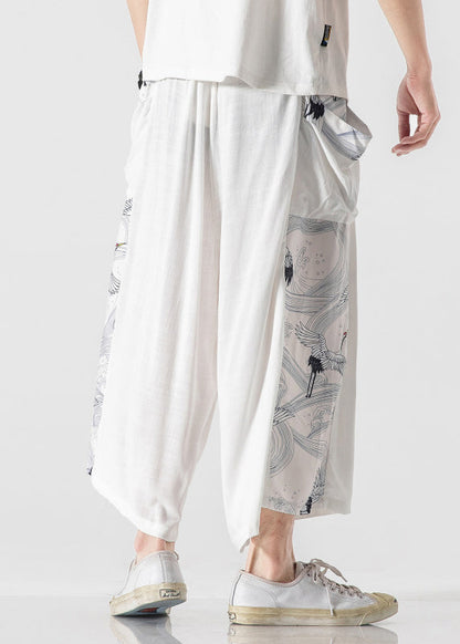 Chinese Style Blue Pockets Print Patchwork Cotton Pants Summer Sa036