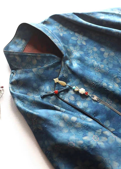 Chinese Style Blue Print Button Silk Blouses Bracelet Sleeve Au1052