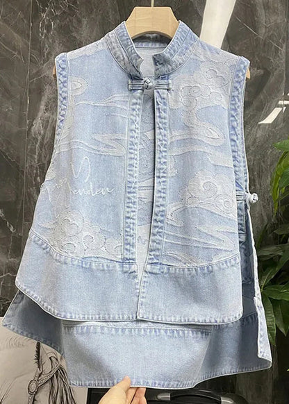 Chinese Style Blue Stand Collar Print Patchwork Low High Design Denim Waistcoat Summer Nn035